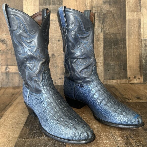 Tony Lama Vintage Blue Caiman Western Cowboy Boots Mens 13 D - Picture 1 of 12